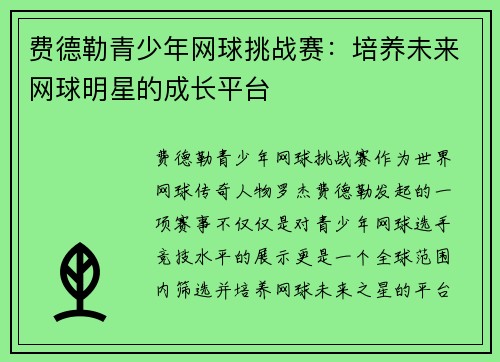 费德勒青少年网球挑战赛：培养未来网球明星的成长平台